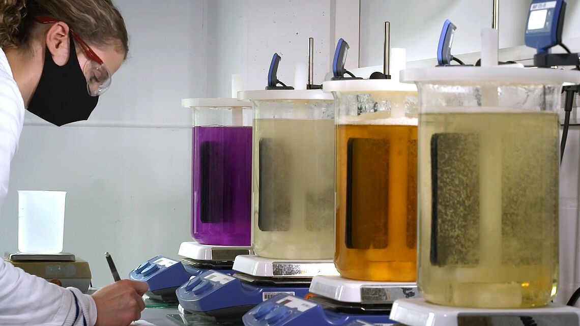 RENA Berg Containers with colored liquid in a laboratory